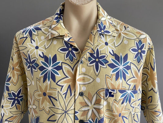 ZAK Shirt Pale Yellow & White Tan & Blue Floral Linen Blend Short Sleeve Size XL