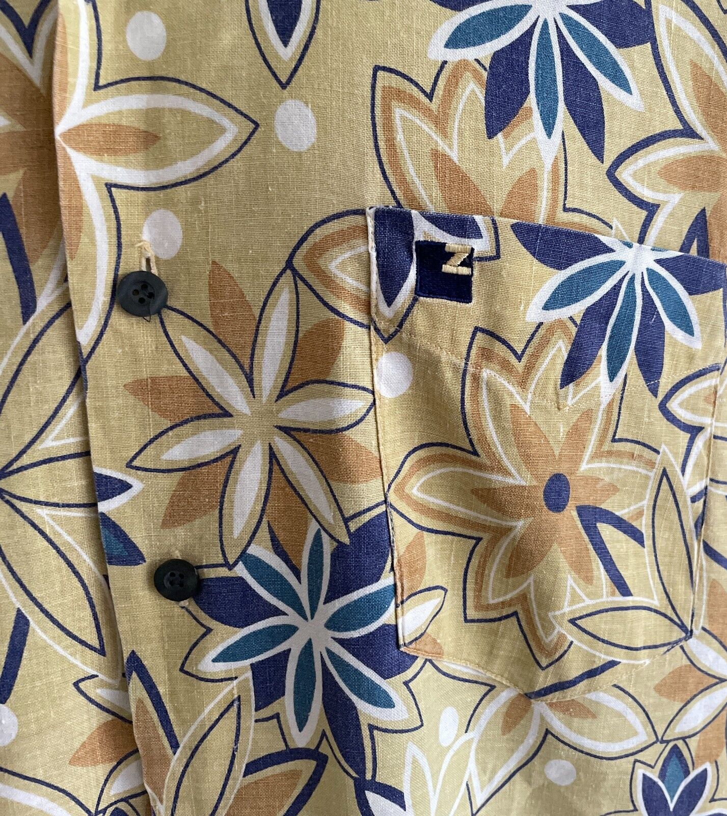 ZAK Shirt Pale Yellow & White Tan & Blue Floral Linen Blend Short Sleeve Size XL