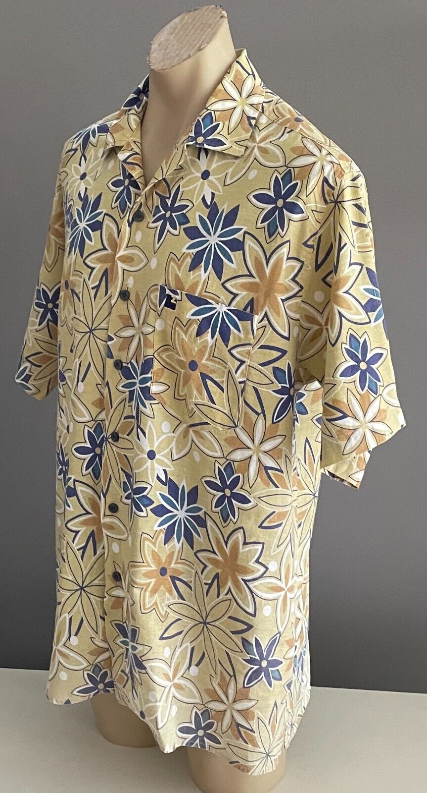 ZAK Shirt Pale Yellow & White Tan & Blue Floral Linen Blend Short Sleeve Size XL