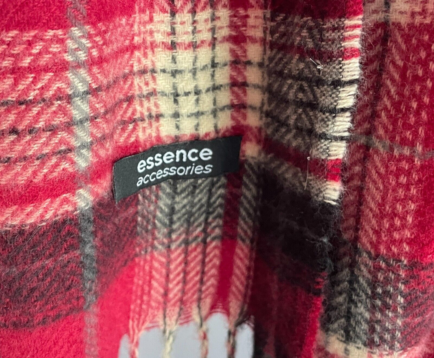 ESSENCE ACCESSORIES Knit Neck Scarf Burgundy Grey Black Camel Check Shawl Fringe