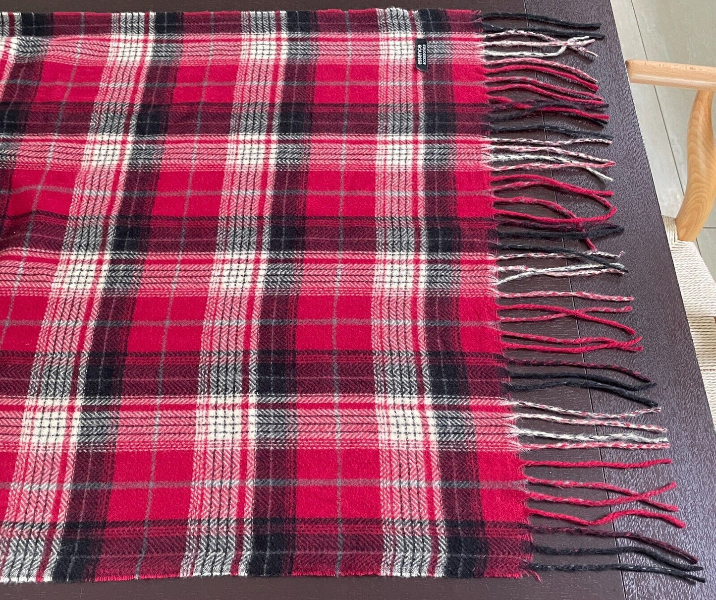 ESSENCE ACCESSORIES Knit Neck Scarf Burgundy Grey Black Camel Check Shawl Fringe