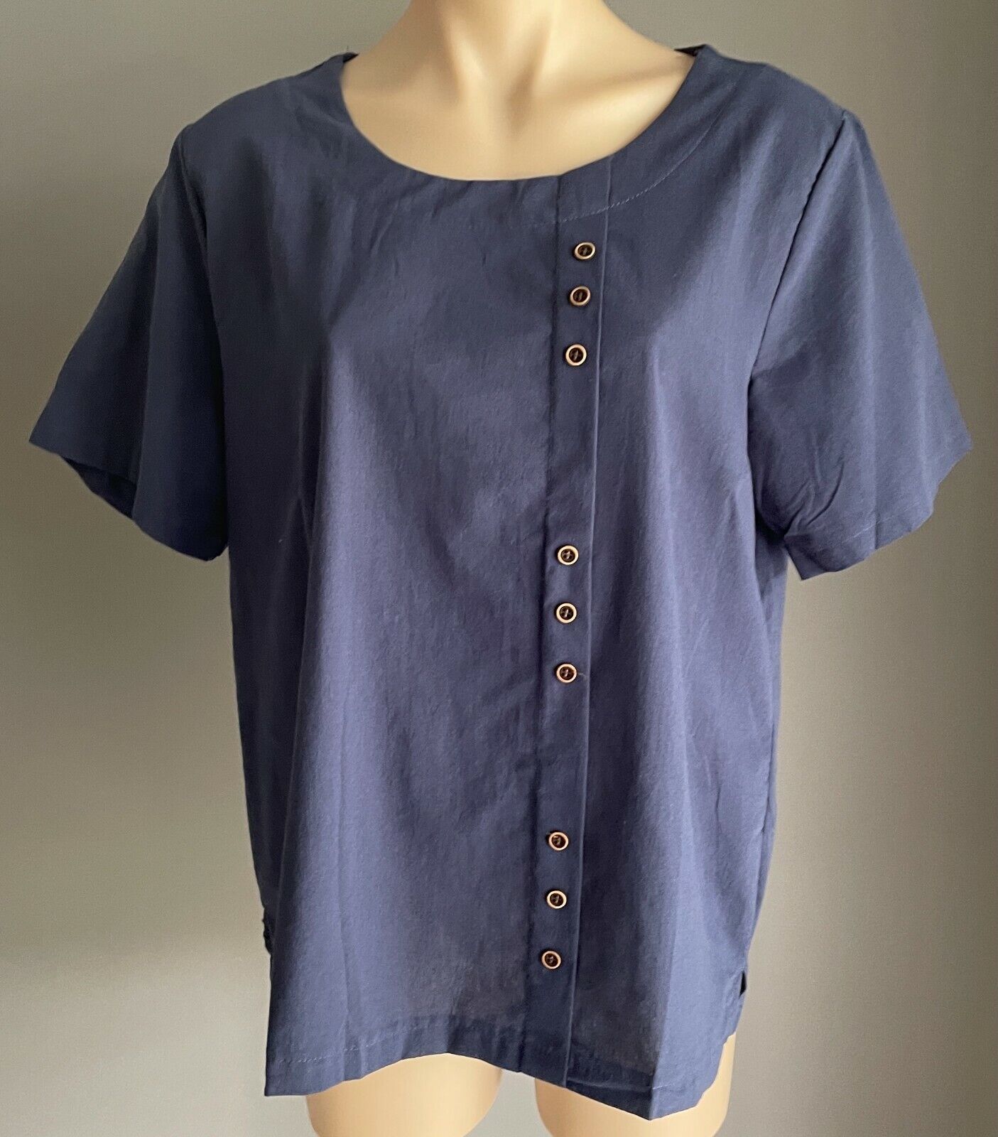 Cotton Blouse Navy Blue Top Slip On Button Trim Tee Side Splits Sz L 12 NEW