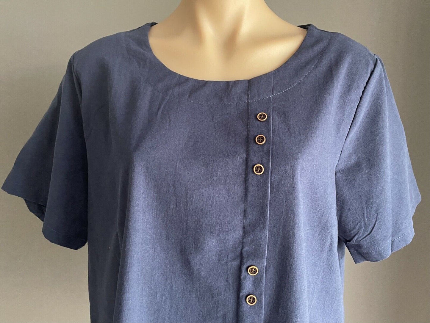 Cotton Blouse Navy Blue Top Slip On Button Trim Tee Side Splits Sz L 12 NEW