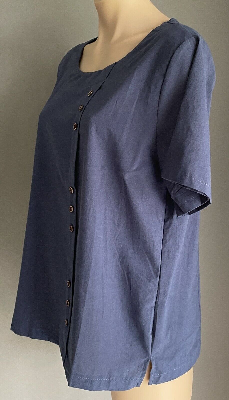 Cotton Blouse Navy Blue Top Slip On Button Trim Tee Side Splits Sz L 12 NEW