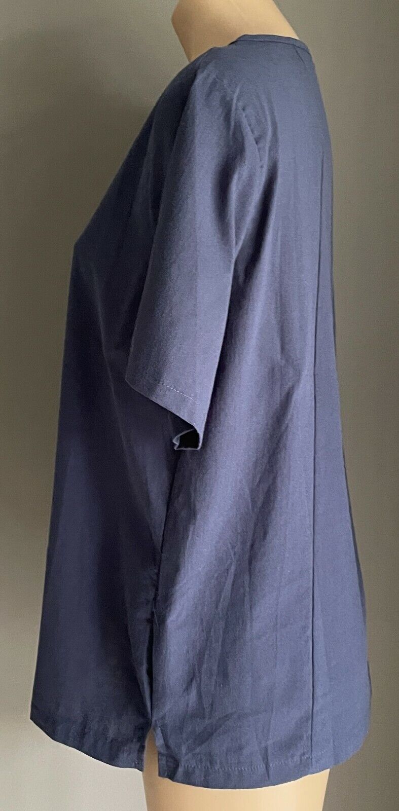 Cotton Blouse Navy Blue Top Slip On Button Trim Tee Side Splits Sz L 12 NEW