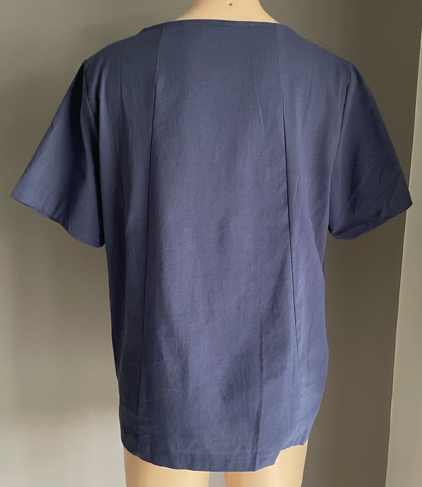 Cotton Blouse Navy Blue Top Slip On Button Trim Tee Side Splits Sz L 12 NEW