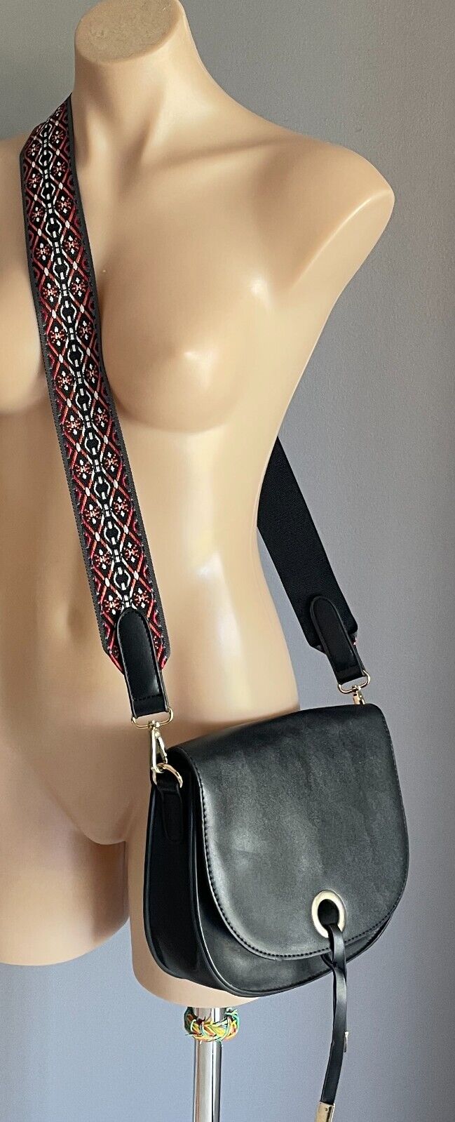 COTTON ON Black Pleather PU Saddle Crossbody w Contrasting Shoulder Bag Strap