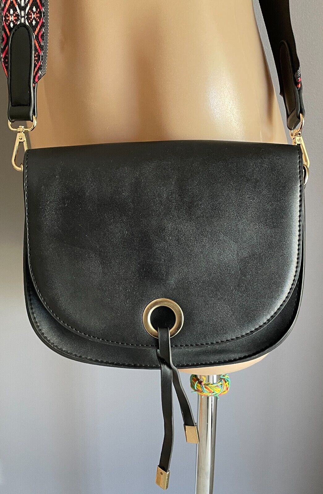 COTTON ON Black Pleather PU Saddle Crossbody w Contrasting Shoulder Bag Strap