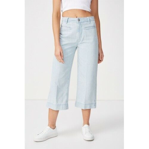 COTTON ON Wide Leg Crop Jeans Faded Blue Denim High Rise Pants Ladies Size 8