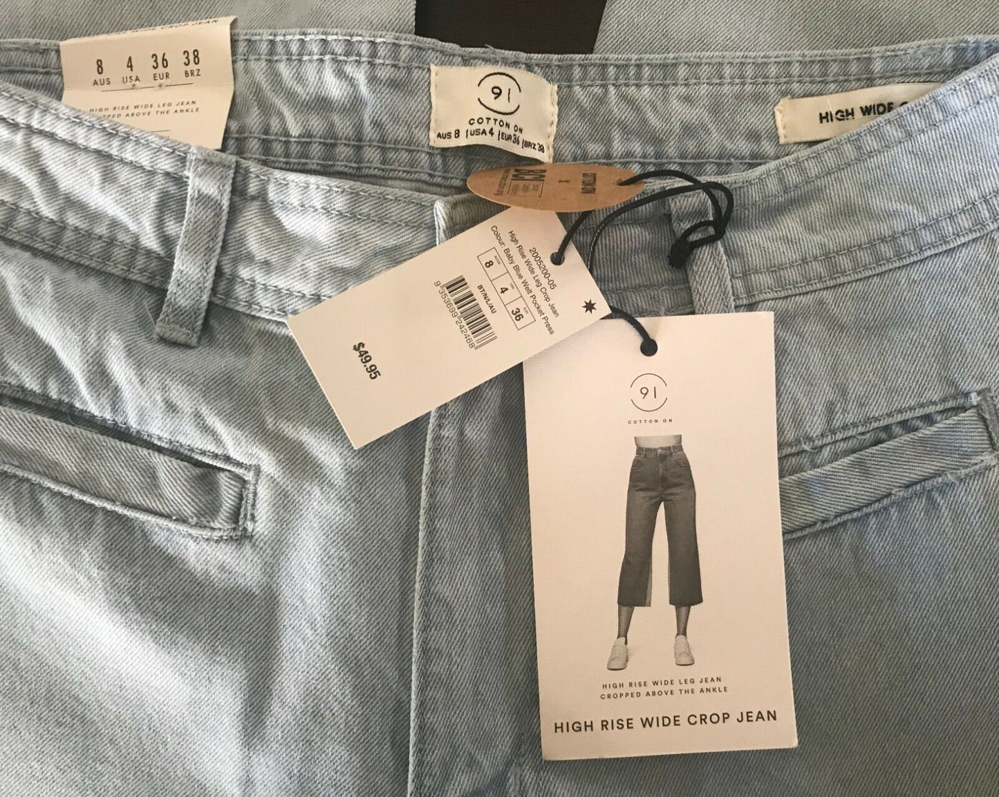 COTTON ON Wide Leg Crop Jeans Faded Blue Denim High Rise Pants Ladies Size 8
