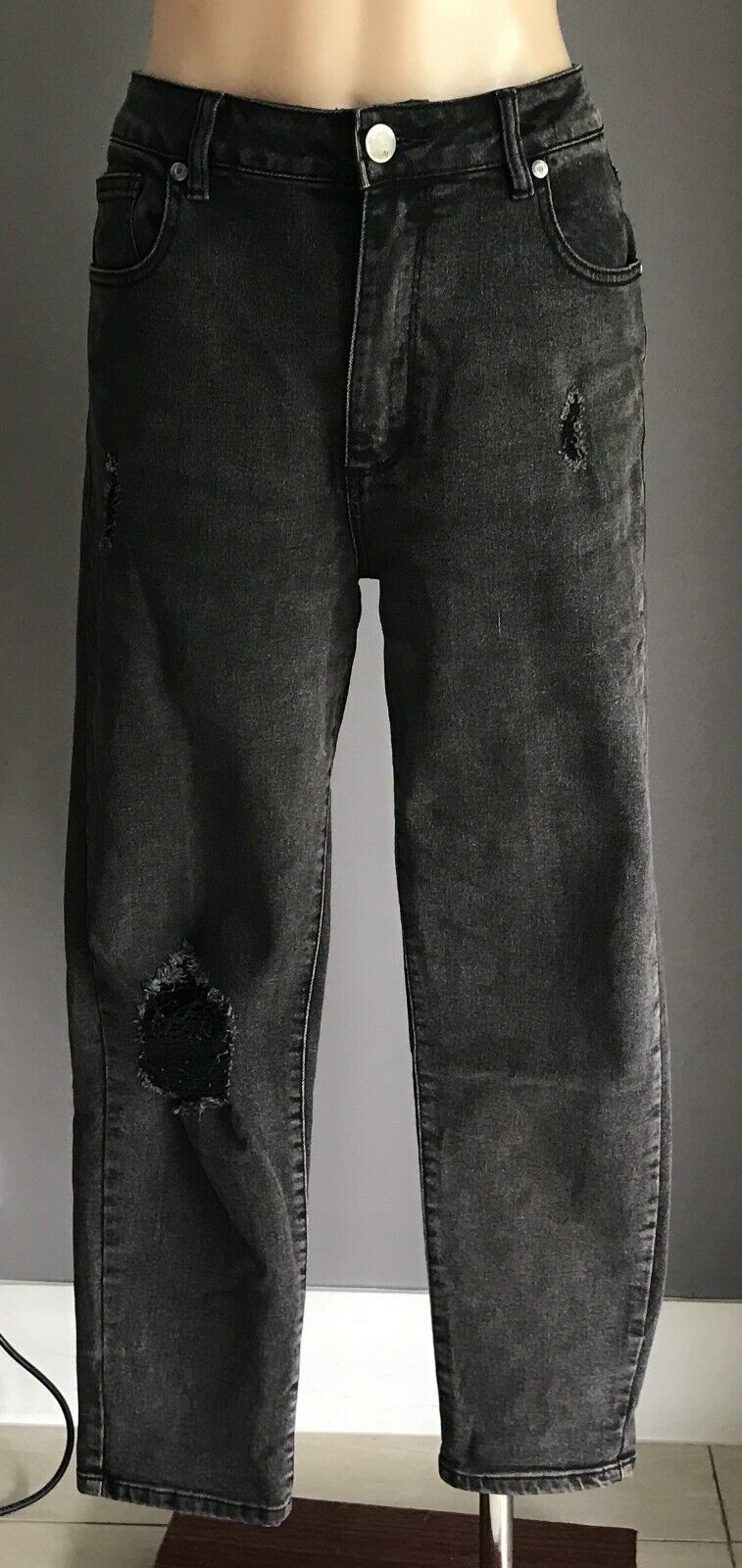 COTTON ON Black Denim Jeans "High 1990's" Rise Distressed Stretch Size 14 NEW