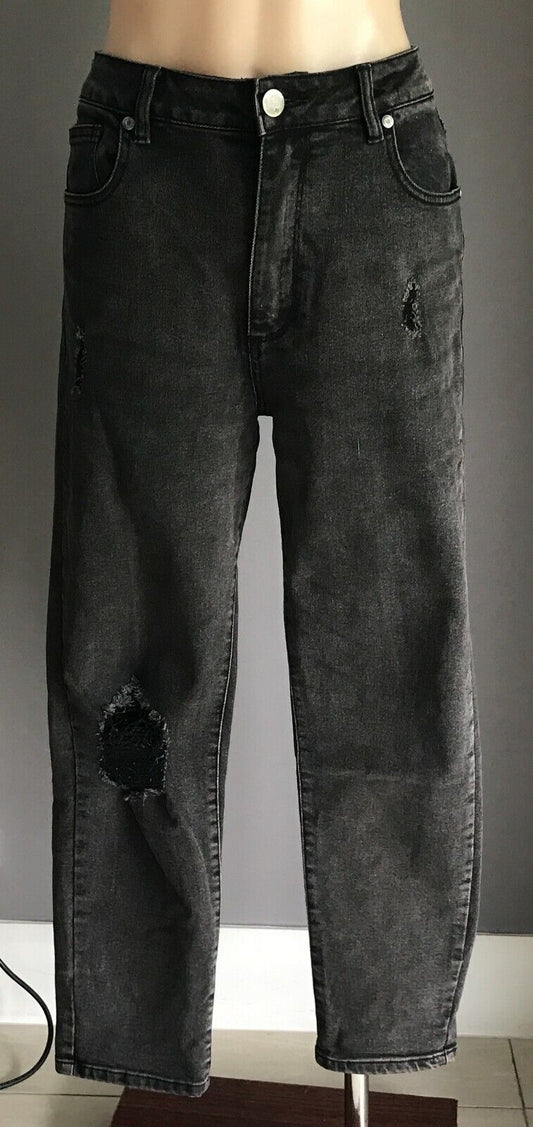 COTTON ON Black Denim Jeans "High 1990's" Rise Distressed Stretch Size 14 NEW