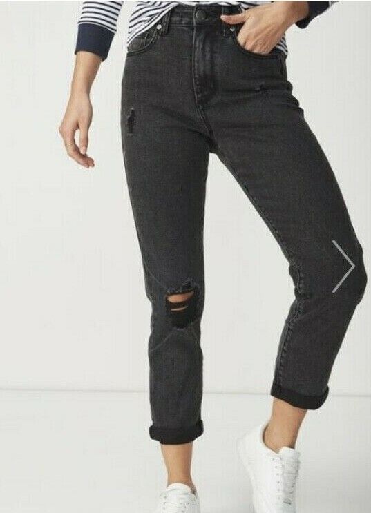 COTTON ON Black Denim Jeans "High 1990's" Rise Distressed Stretch Size 14 NEW
