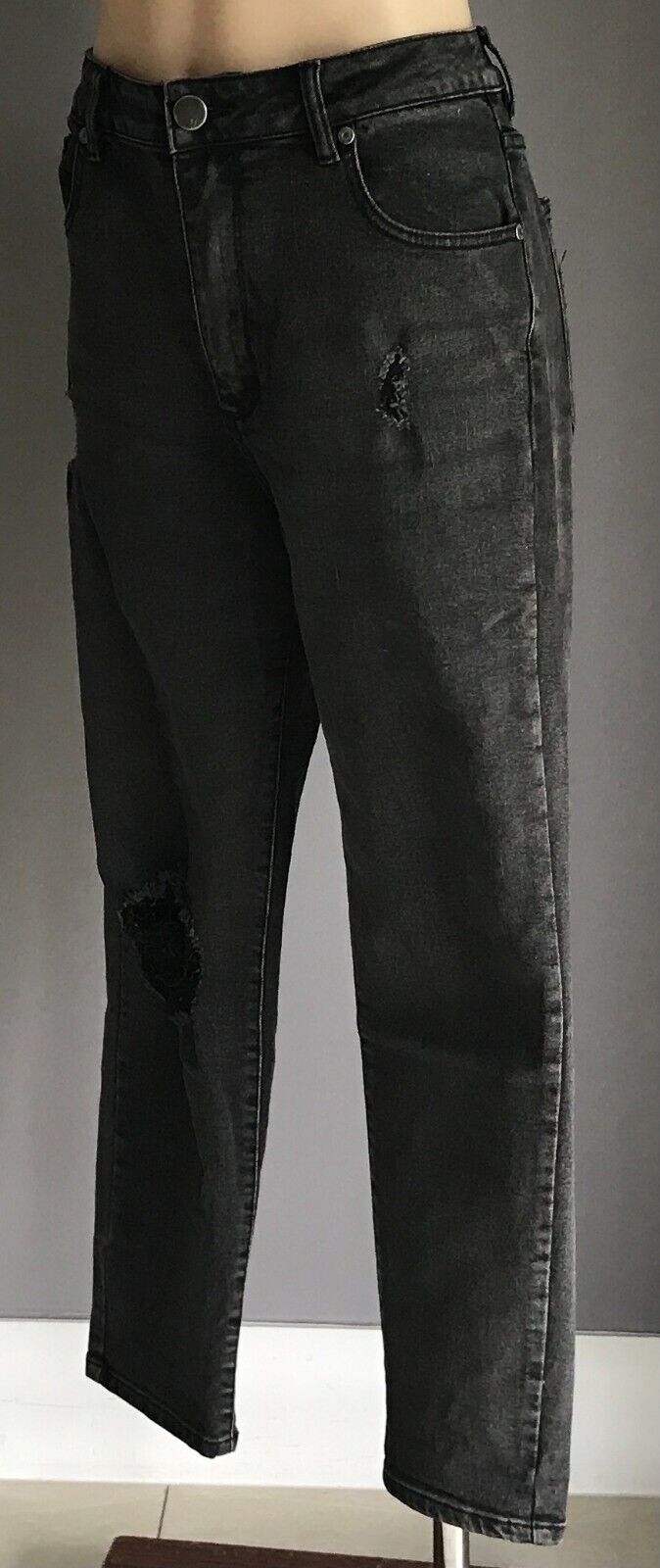 COTTON ON Black Denim Jeans "High 1990's" Rise Distressed Stretch Size 14 NEW