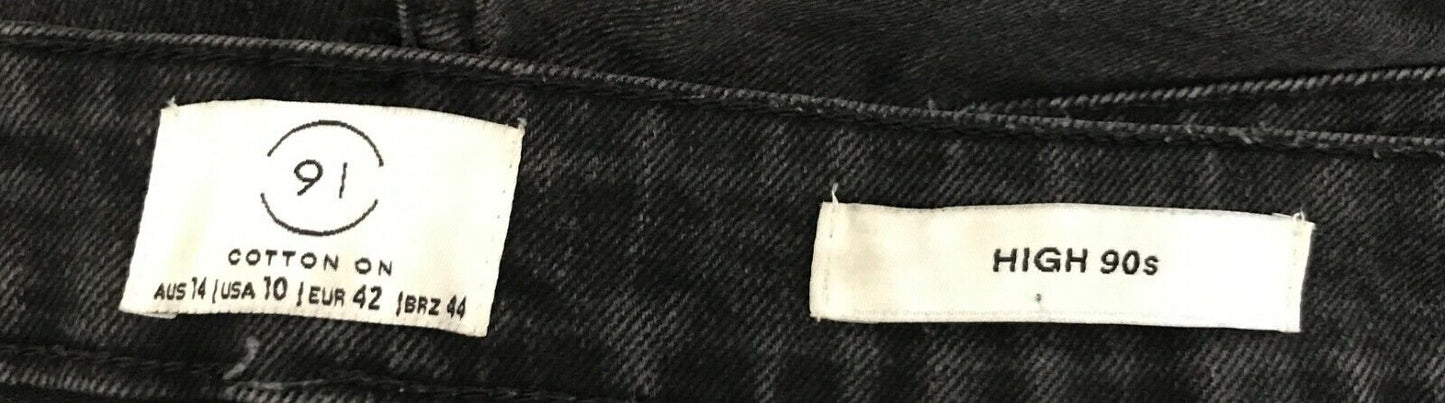 COTTON ON Black Denim Jeans "High 1990's" Rise Distressed Stretch Size 14 NEW