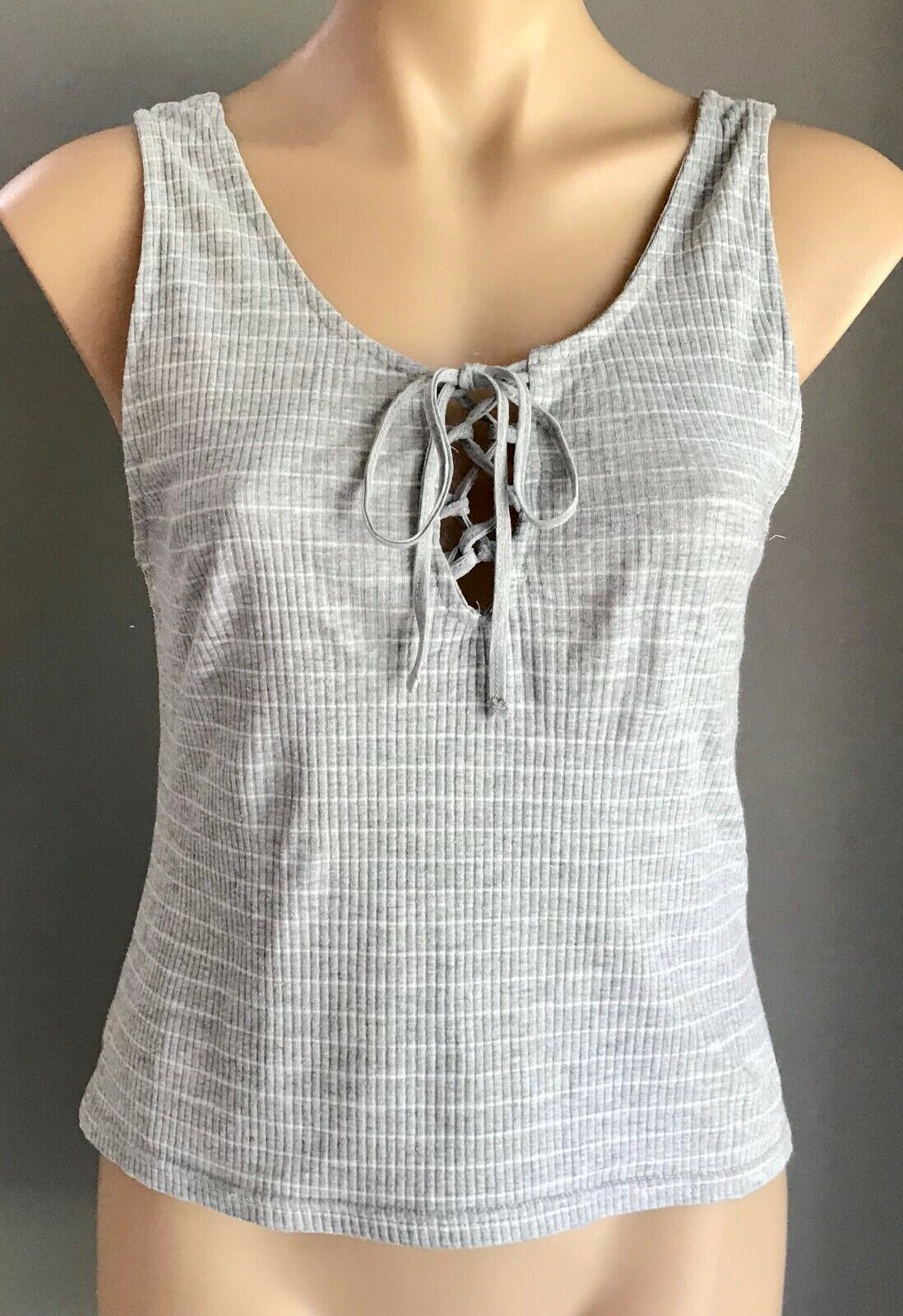 COTTON ON Top Grey White Stripe Ribbed Tank Top w Tie at Chest Ladies Size L 12