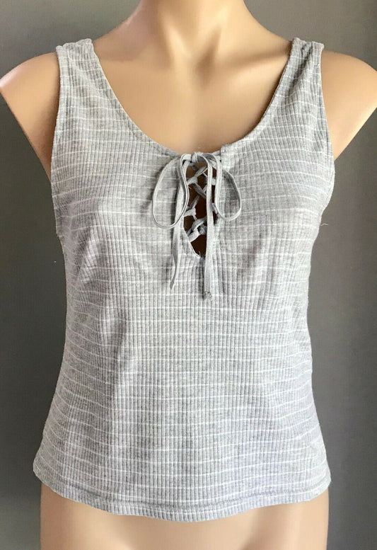 COTTON ON Top Grey White Stripe Ribbed Tank Top w Tie at Chest Ladies Size L 12