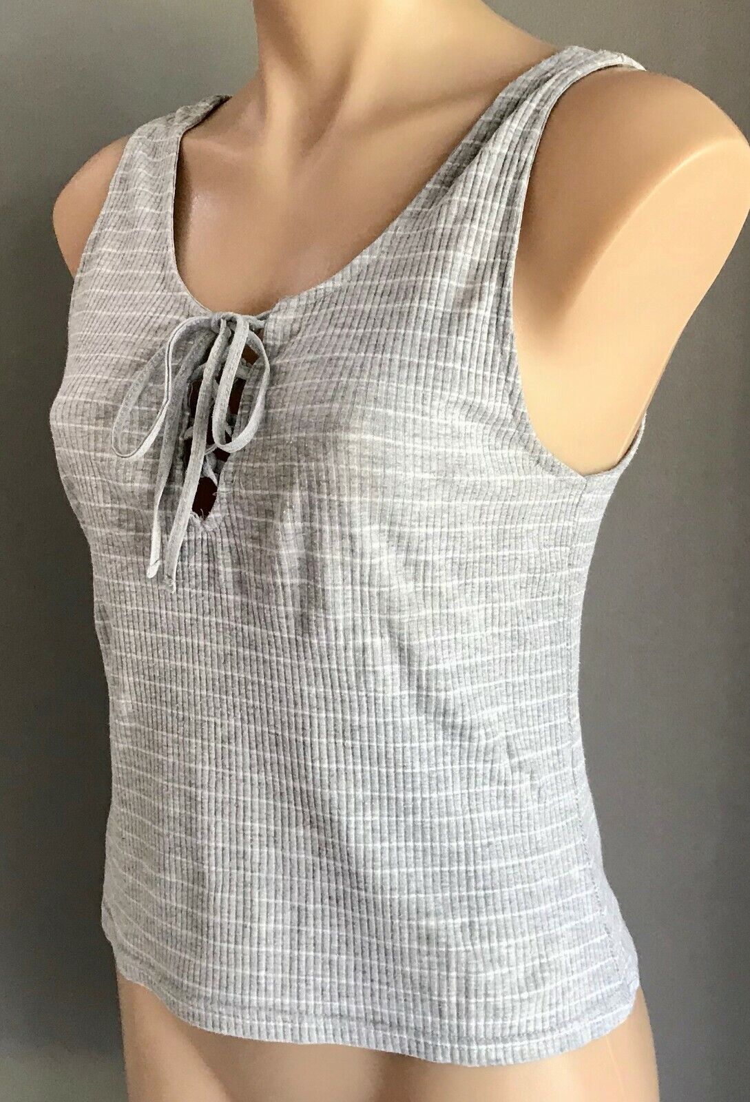 COTTON ON Top Grey White Stripe Ribbed Tank Top w Tie at Chest Ladies Size L 12