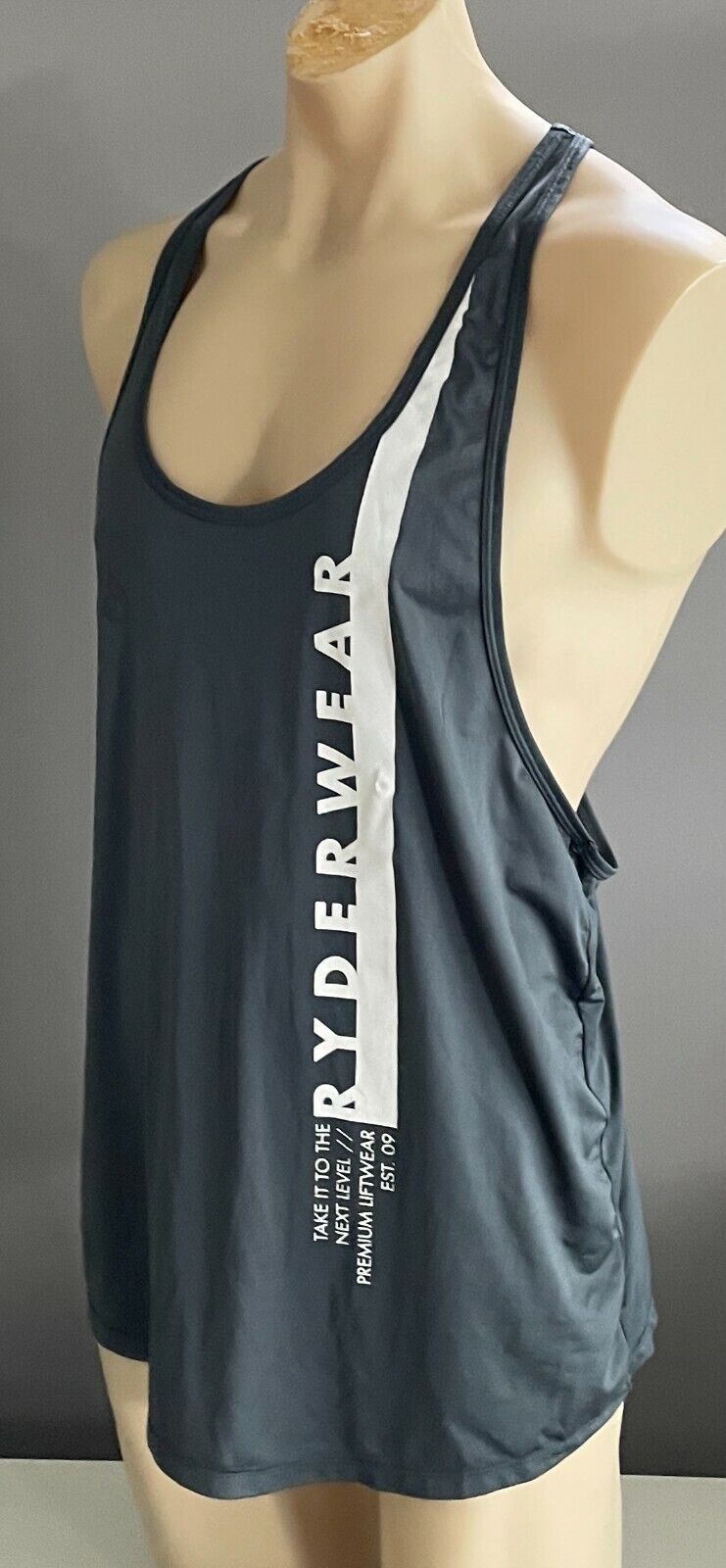 Mens RYDERWEAR Tank Top Dark Grey & White Print "Evo" T-Back Stringer Tee Sz XL