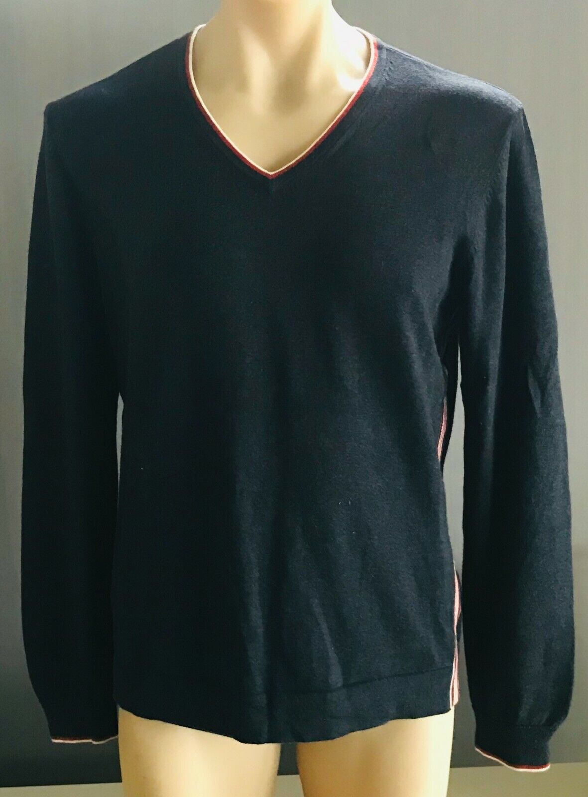 WITCHERY MAN Grey V Neck Knit Jumper Sweater w Orange & White Stripe Trim Size L
