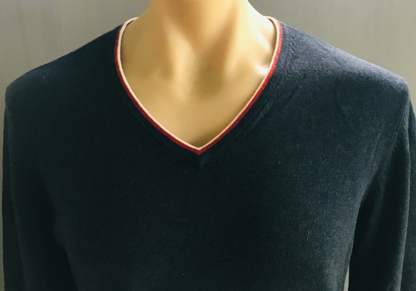 WITCHERY MAN Grey V Neck Knit Jumper Sweater w Orange & White Stripe Trim Size L