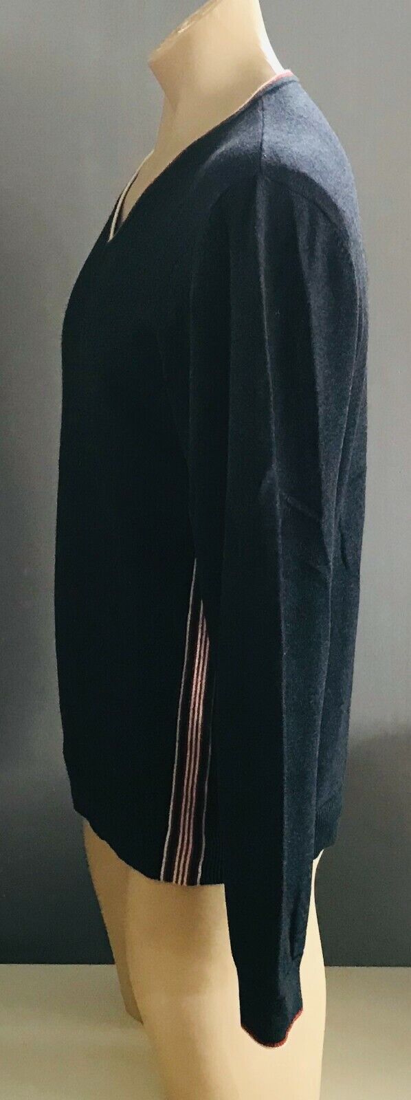 WITCHERY MAN Grey V Neck Knit Jumper Sweater w Orange & White Stripe Trim Size L