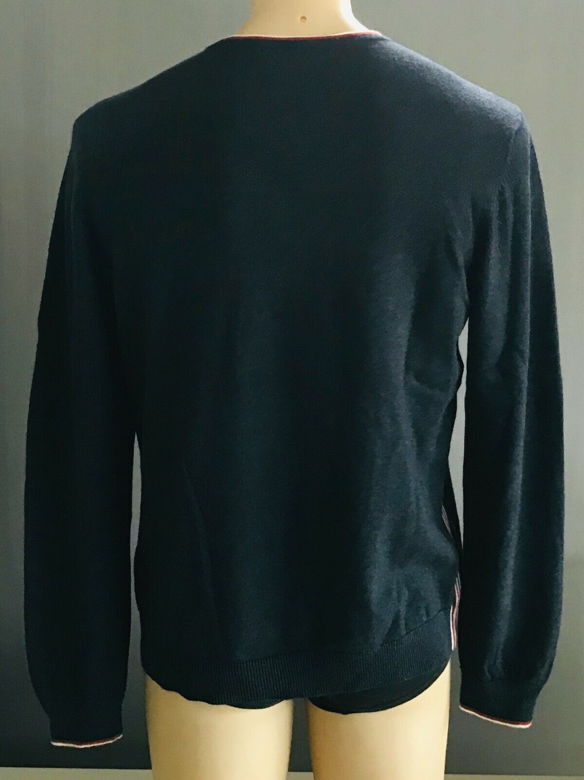 WITCHERY MAN Grey V Neck Knit Jumper Sweater w Orange & White Stripe Trim Size L