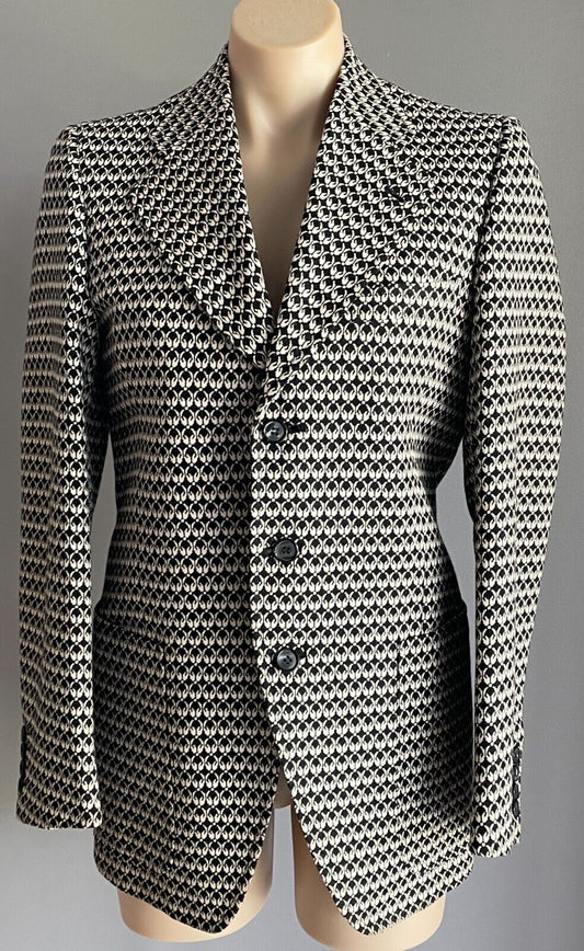 Vintage Mens HALEC CONFEZIONI Jacket Off White & Black Print Blazer Chest 88cm