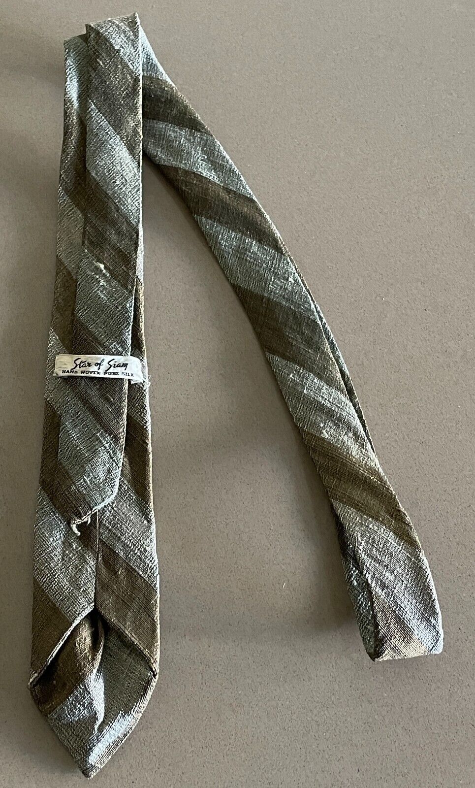 Mens Vintage Silk Tie STAR OF SIAM Two Tone Khaki Stripe Hand Woven NeckTie