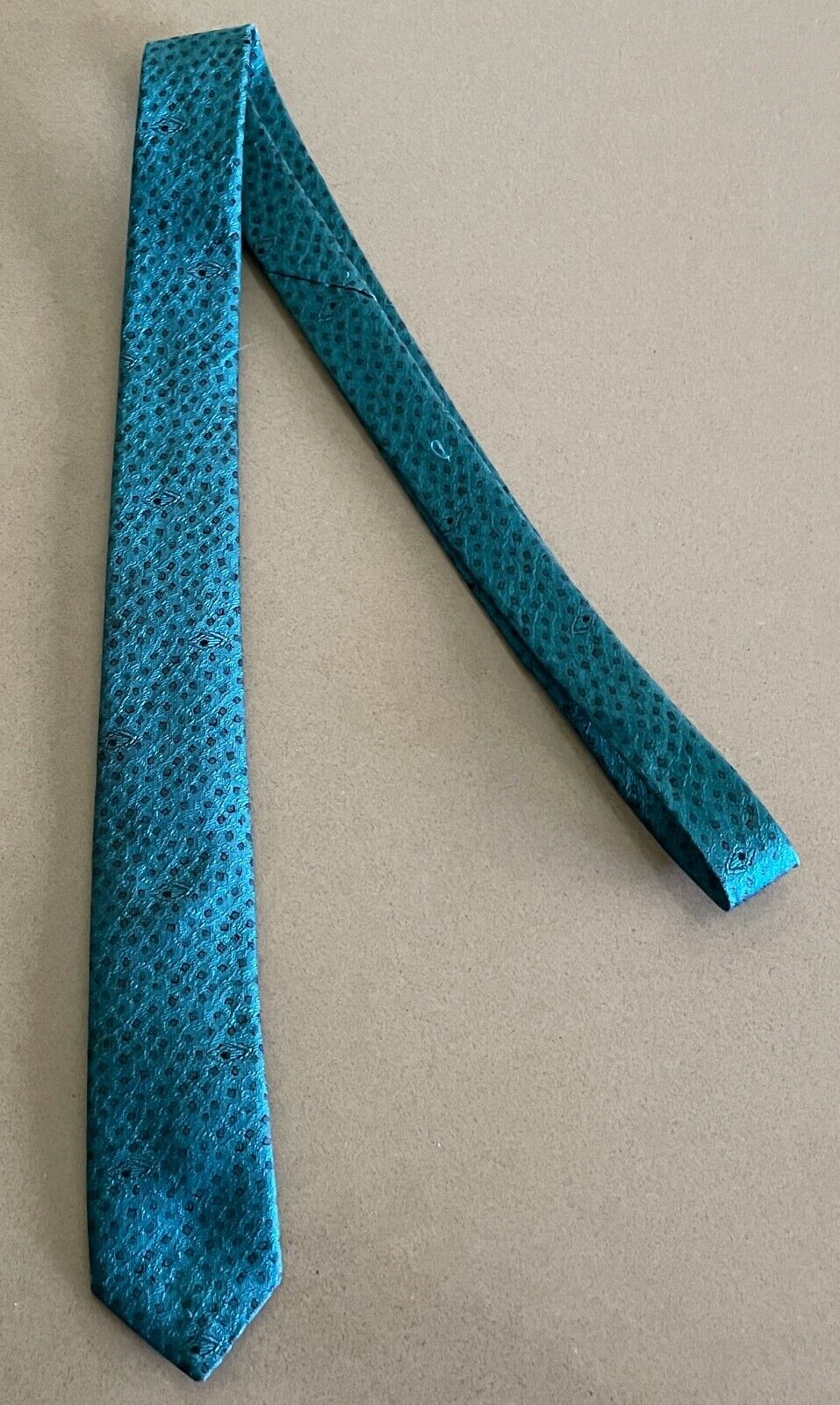 Mens Vintage ENVOY Jade Green and Black Print Polyester Thin Neck Tie