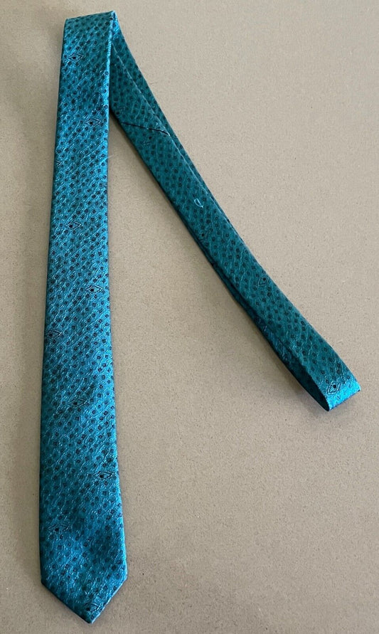 Mens Vintage ENVOY Jade Green and Black Print Polyester Thin Neck Tie