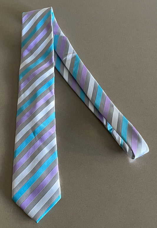 Mens NeckTie Silver Grey Blue Mauve Stripe Teflon Treated Polyester NEW Neck Tie