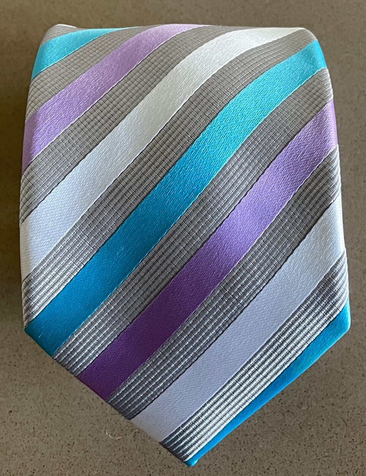 Mens NeckTie Silver Grey Blue Mauve Stripe Teflon Treated Polyester NEW Neck Tie
