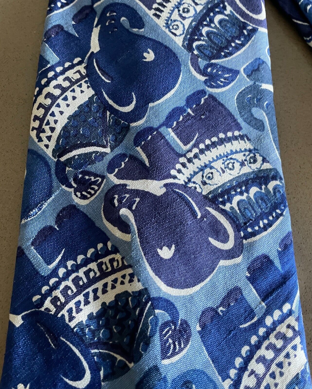 Mens Vintage NeckTie Blue White ELEPHANT Print Silk Hand Made in Thailand Tie