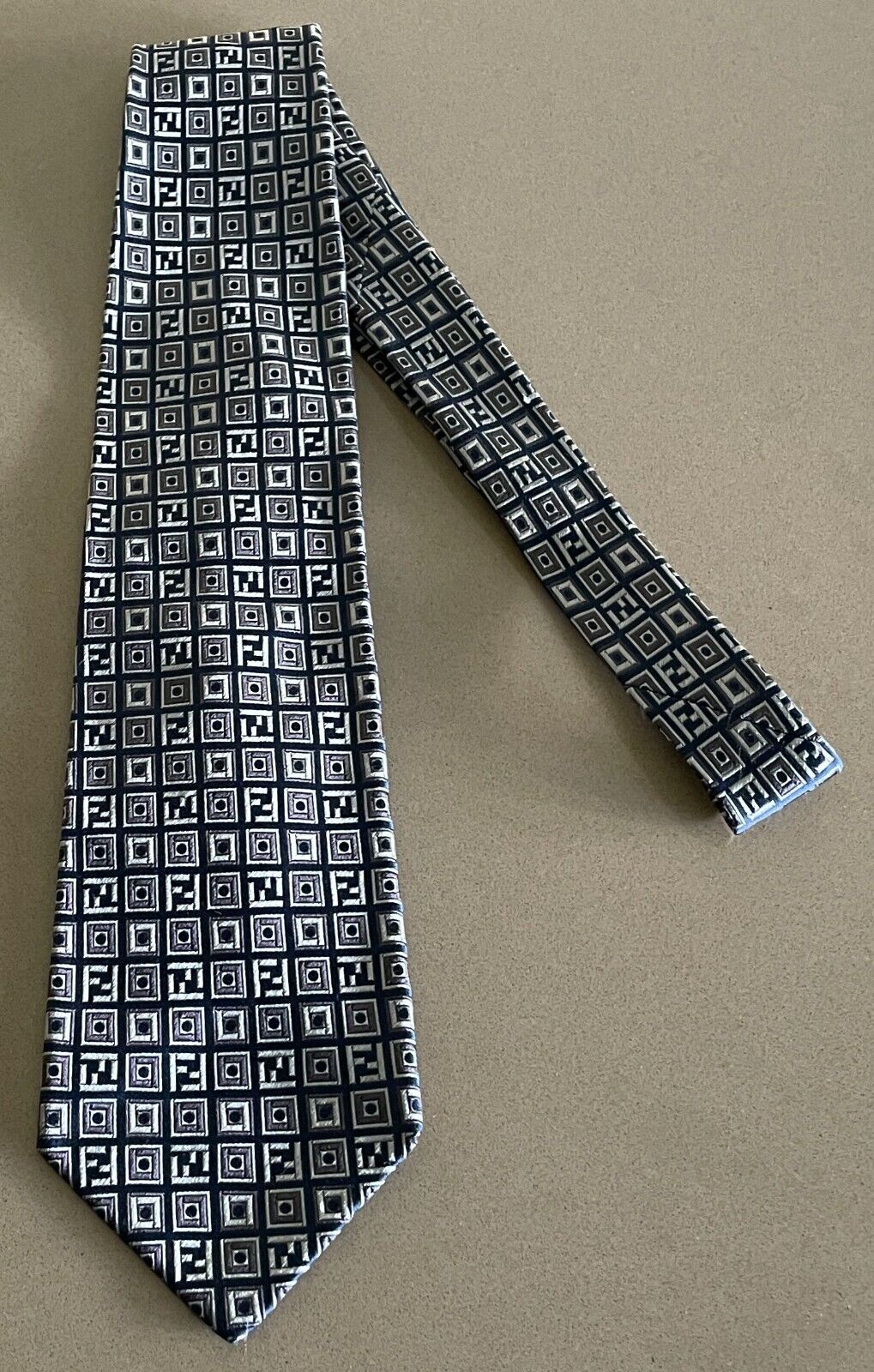Mens Silk Tie FENDI Navy Grey Silver Tile Print Made in Italy NeckTie