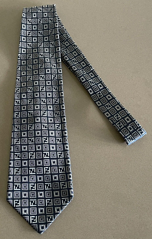 Mens Silk Tie FENDI Navy Grey Silver Tile Print Made in Italy NeckTie