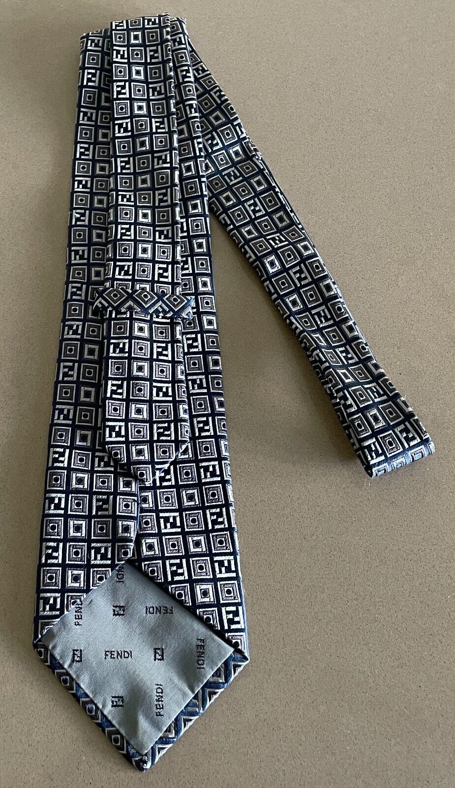 Mens Silk Tie FENDI Navy Grey Silver Tile Print Made in Italy NeckTie