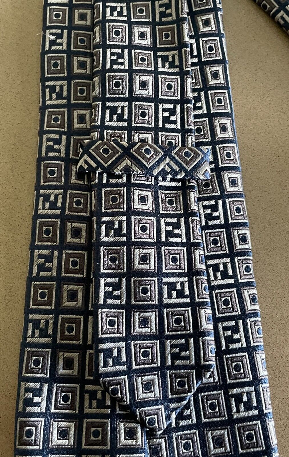 Mens Silk Tie FENDI Navy Grey Silver Tile Print Made in Italy NeckTie