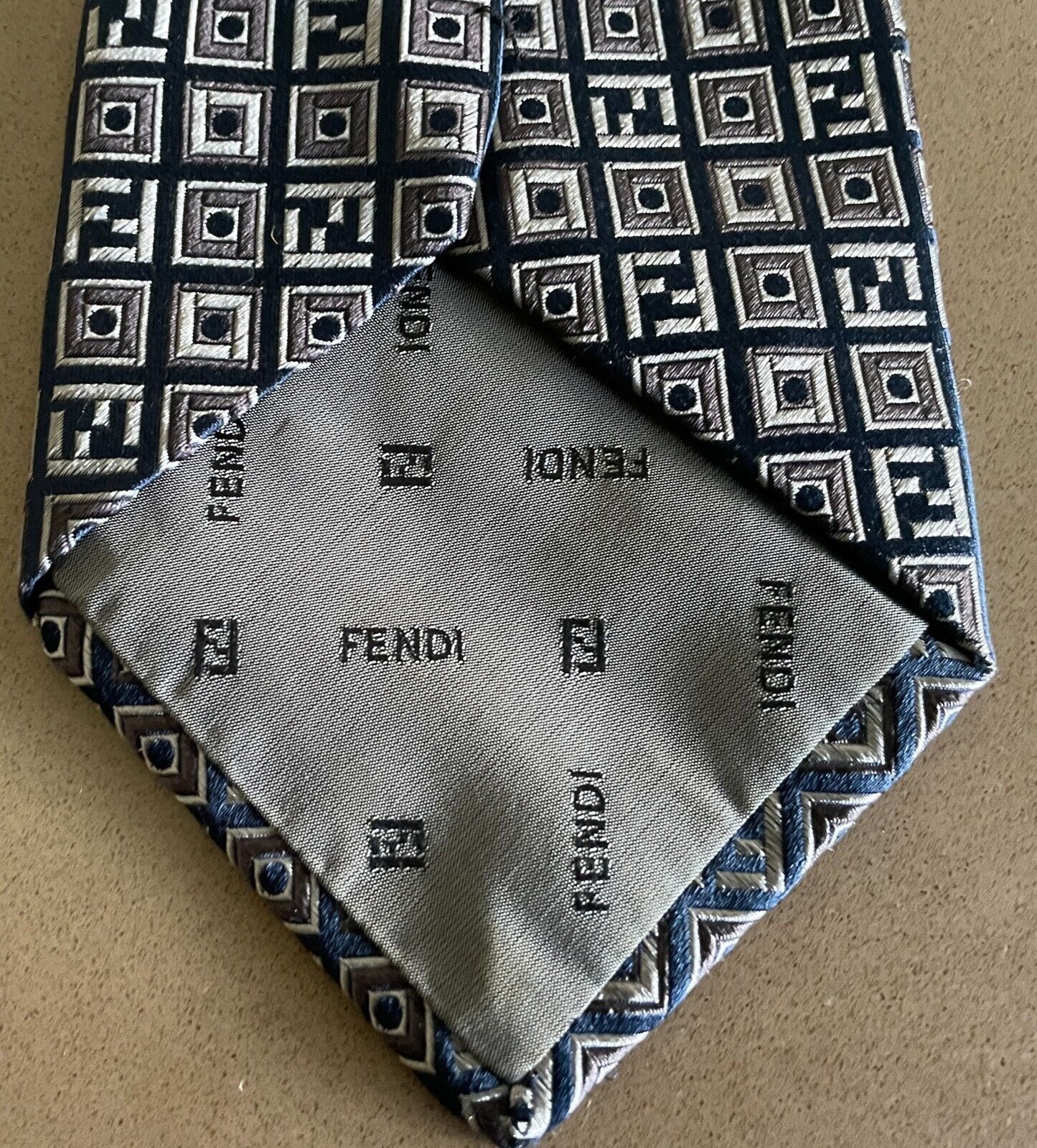 Mens Silk Tie FENDI Navy Grey Silver Tile Print Made in Italy NeckTie
