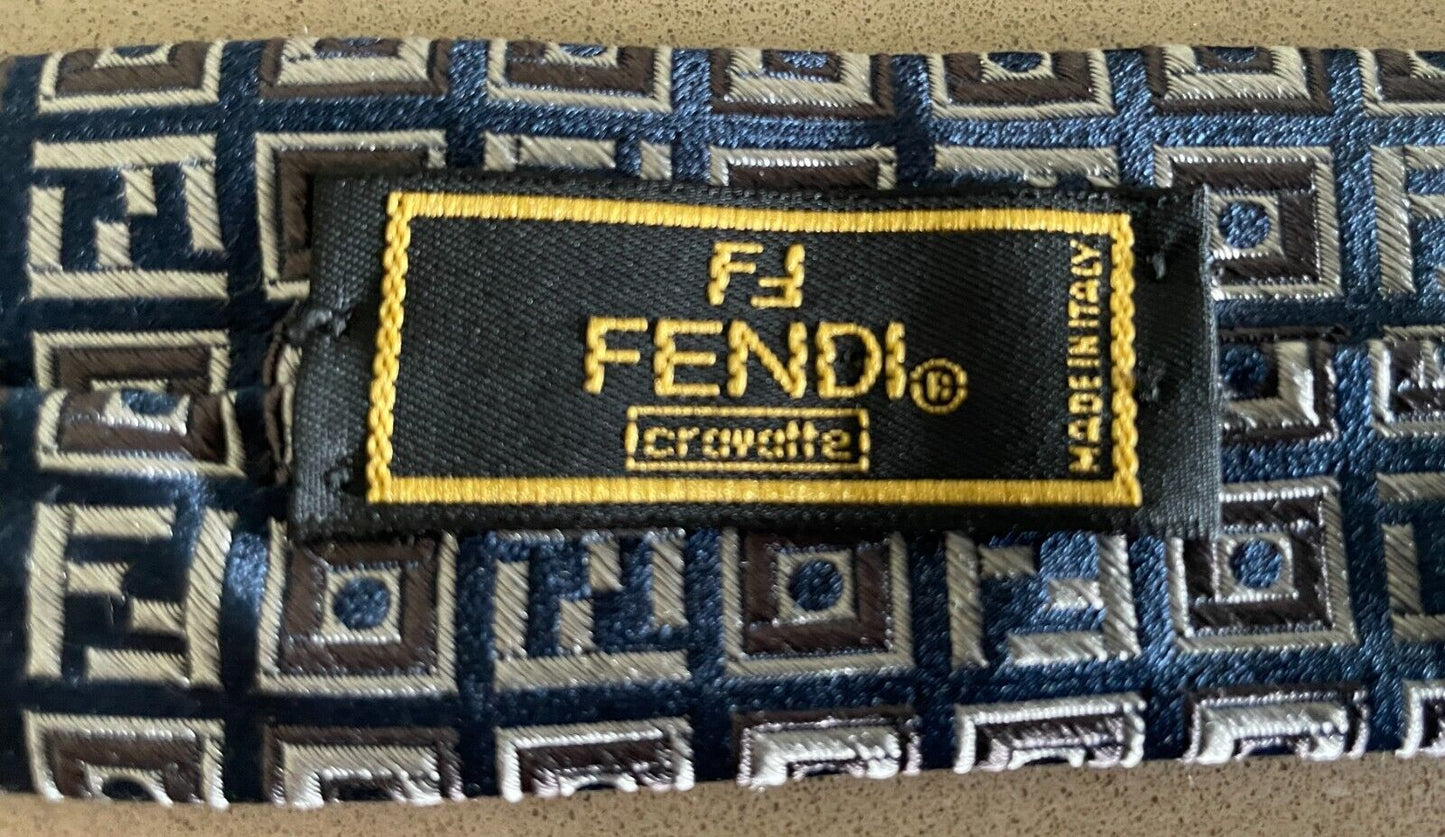 Mens Silk Tie FENDI Navy Grey Silver Tile Print Made in Italy NeckTie