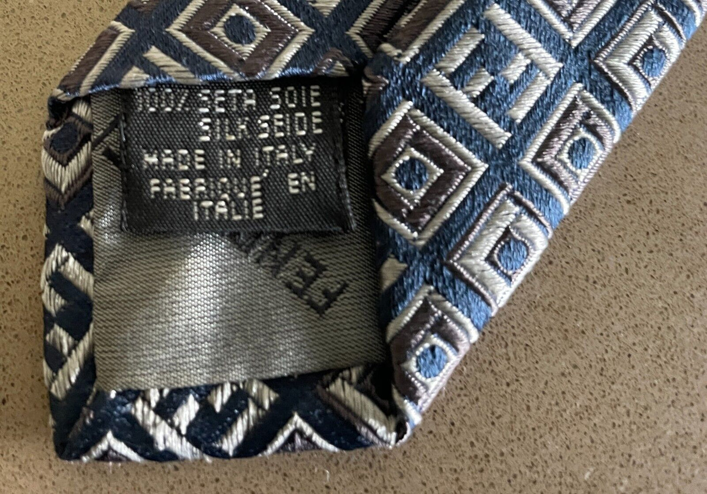 Mens Silk Tie FENDI Navy Grey Silver Tile Print Made in Italy NeckTie