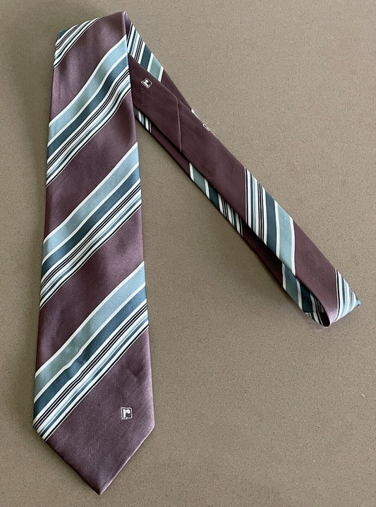 NeckTie PACO RABANE 1970s 1980s Mens Brown Green Shades White Stripe Vintage Tie