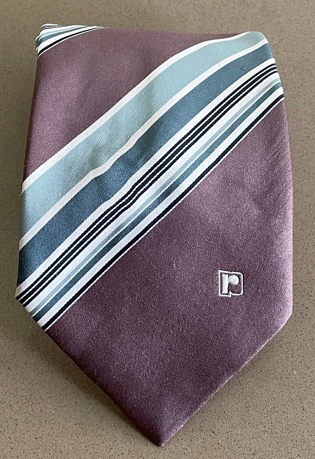 NeckTie PACO RABANE 1970s 1980s Mens Brown Green Shades White Stripe Vintage Tie