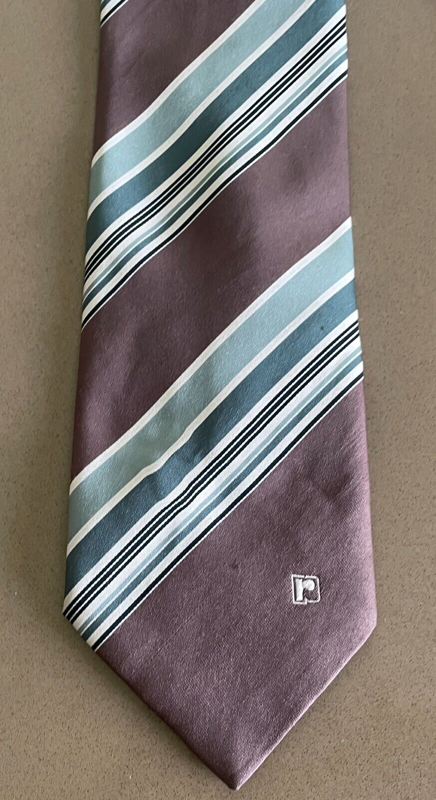 NeckTie PACO RABANE 1970s 1980s Mens Brown Green Shades White Stripe Vintage Tie
