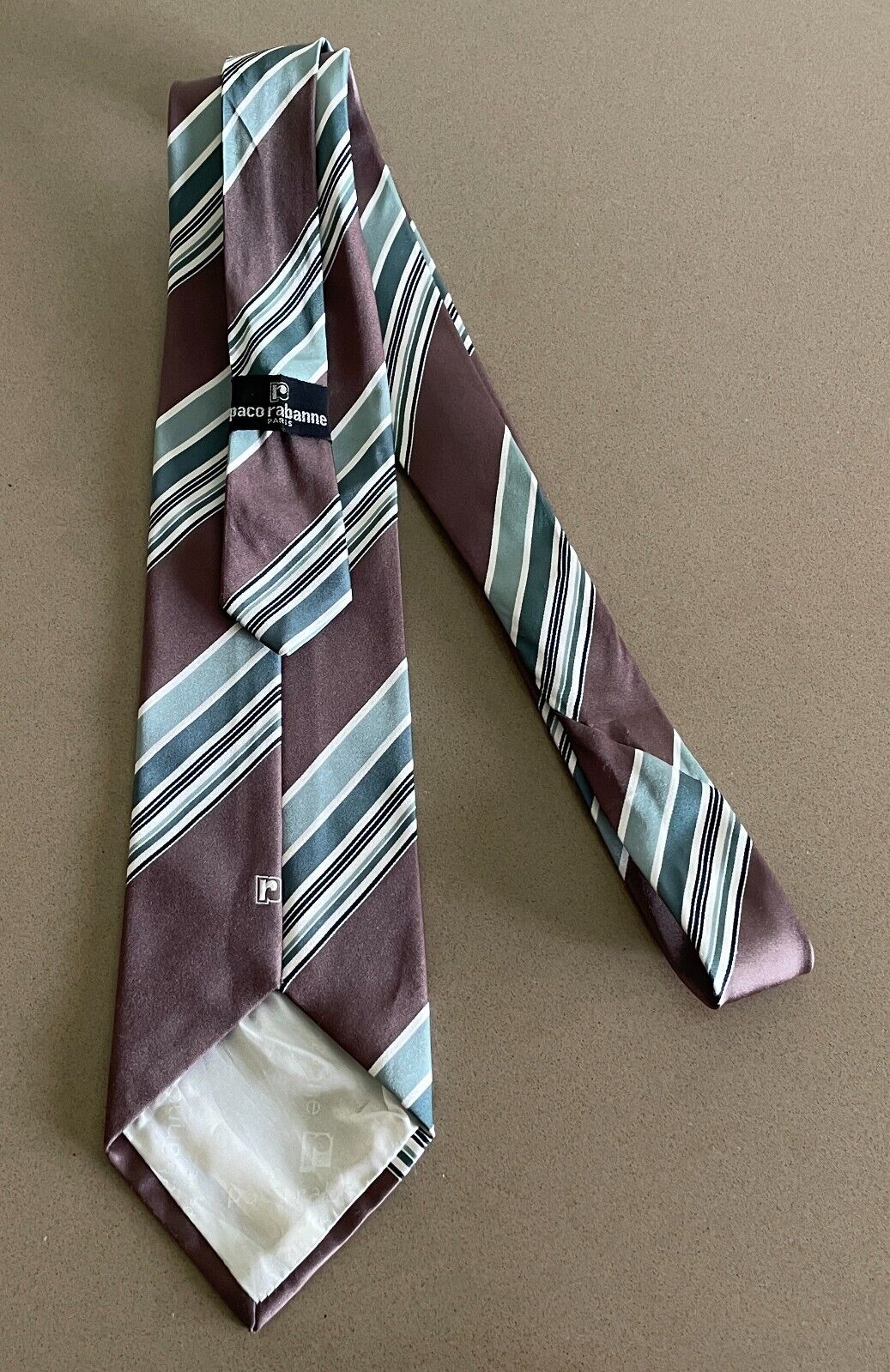 NeckTie PACO RABANE 1970s 1980s Mens Brown Green Shades White Stripe Vintage Tie