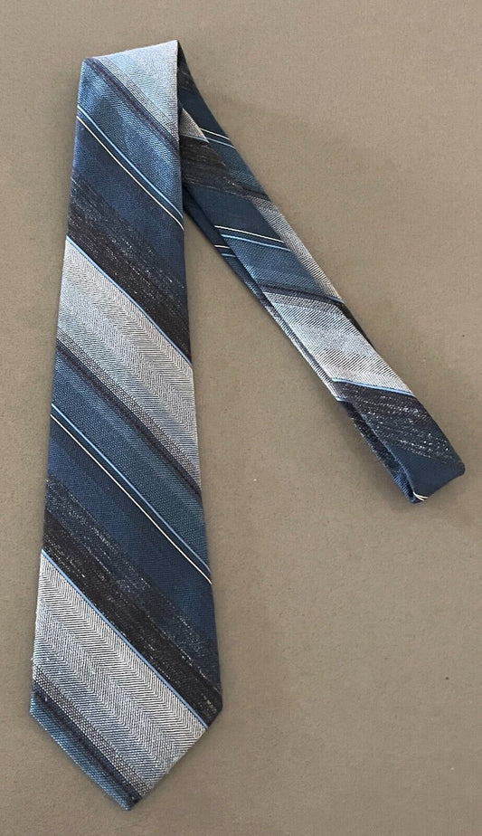 NeckTie JOHN & LOIS Polyester Silk Blend Blue Shades Brown Off White Stripe Tie