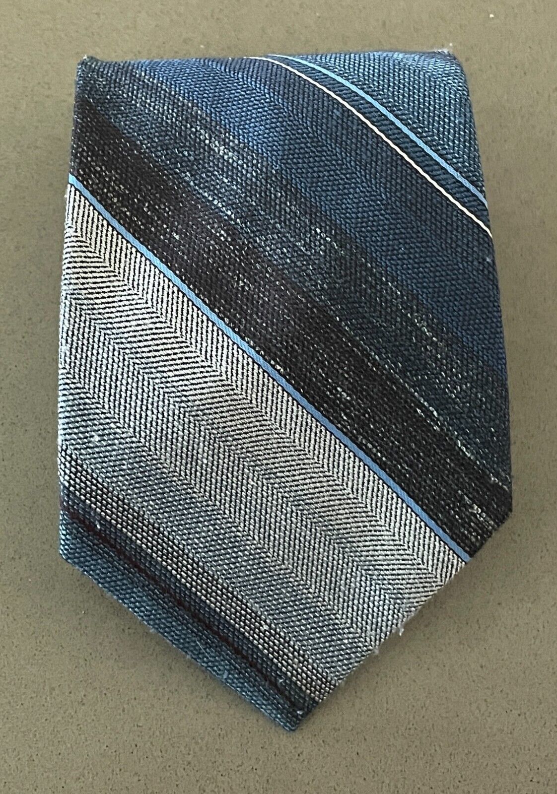NeckTie JOHN & LOIS Polyester Silk Blend Blue Shades Brown Off White Stripe Tie