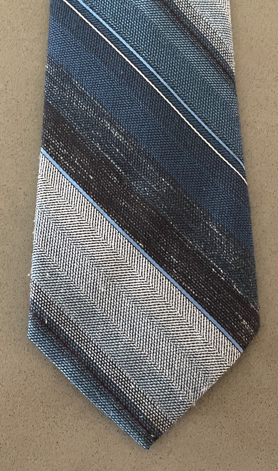 NeckTie JOHN & LOIS Polyester Silk Blend Blue Shades Brown Off White Stripe Tie