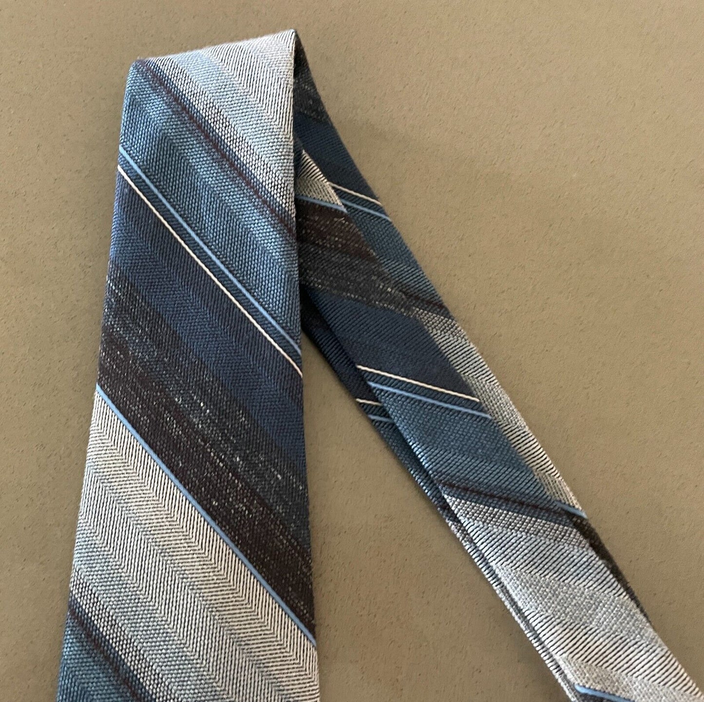 NeckTie JOHN & LOIS Polyester Silk Blend Blue Shades Brown Off White Stripe Tie