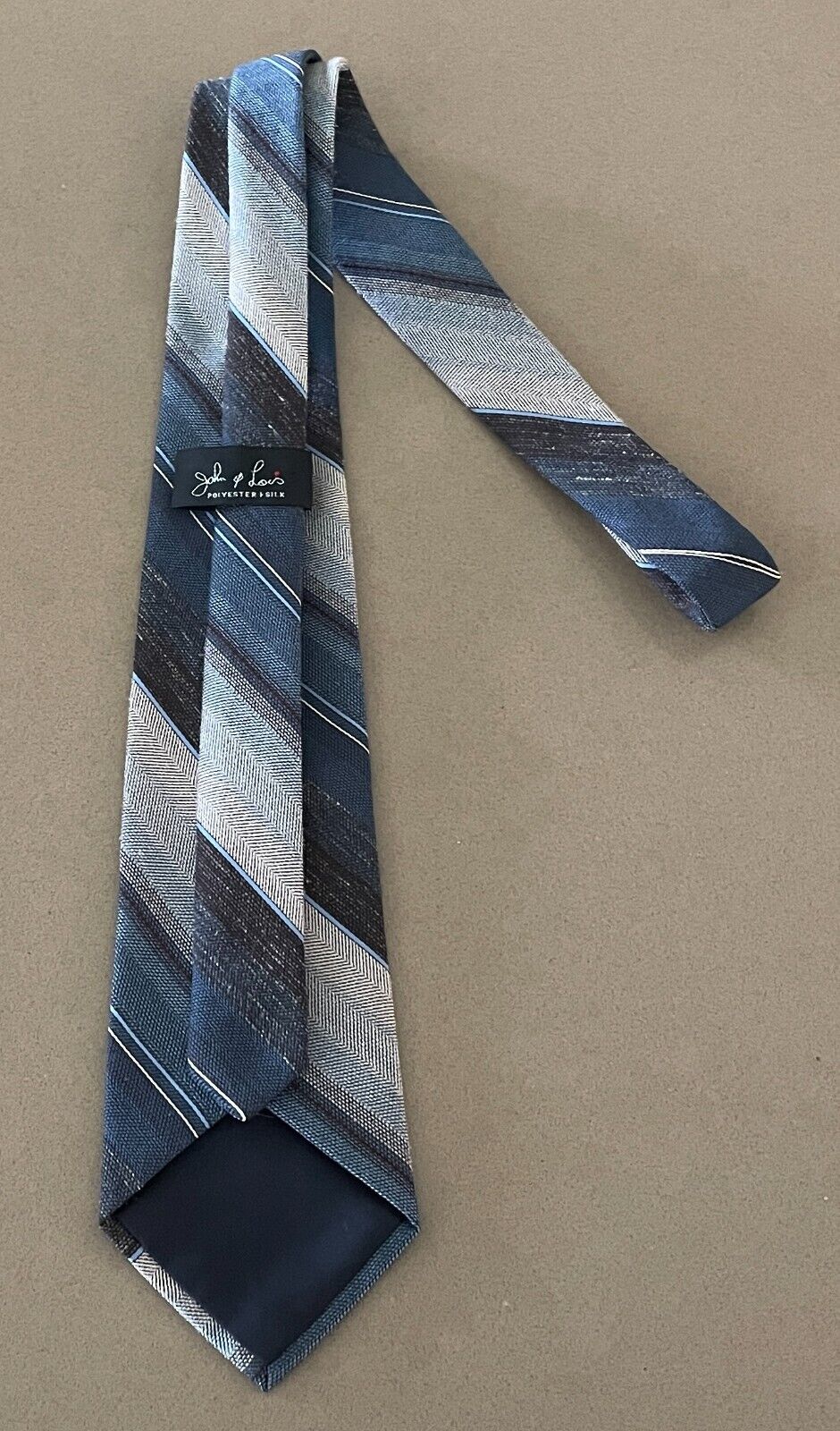 NeckTie JOHN & LOIS Polyester Silk Blend Blue Shades Brown Off White Stripe Tie